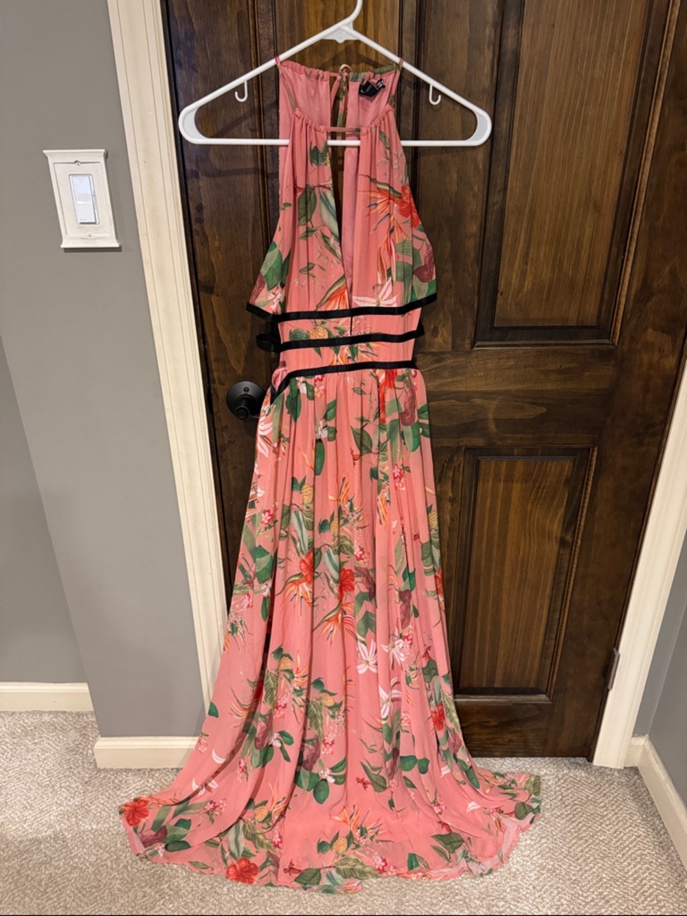 Floral Pink Halter Maxi Dress with Black Waist Accents